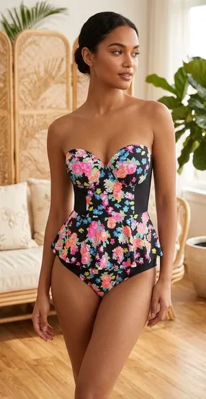 Bongo floral print strapless peplum one piece swimsuit with skirt size large thumbnail 1
