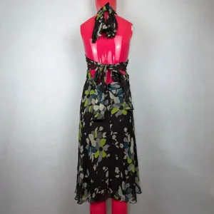 Carlisle Silk Halter Dress Womens 6 Brown Floral Handkerchief Hem Midi Wedding thumbnail 4