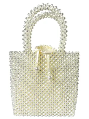 Faux Pearl‎ Beaded Tote Bag S Cream Satin Pouch Handle Bridal Wedding thumbnail 1