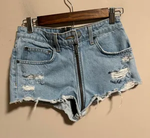 Carmar Helen Exposed Full Front Zipper Denim Distressed Mini Short- Size 26 thumbnail 1