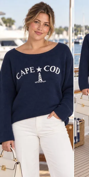 Wild Fable Cape Cod Knit Sweater Navy Blue Lighthouse Graphic Oversized XL NWT thumbnail 1