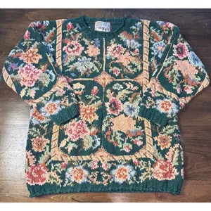 Vintage 90s Crystal Kobe Floral Sweater Small Ramie Cotton Knit Grandmacore Fall thumbnail 1