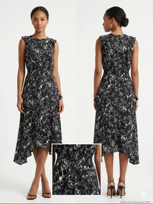 Sleeveless Black & White Floral High-Low Dress thumbnail 2