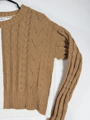 Derek Heart Women’s Small Brown Ivory Colorblock Cable Knit Cropped‎ Sweater thumbnail 6