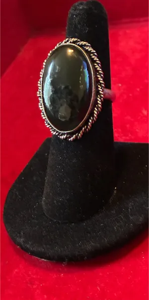 Vintage Southwestern Black Jade Silver Tone Oval Cabochon Twisted Rope Bezel thumbnail 1