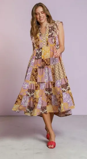 UMGEE Scarf Print Midi Shift Dress, Large, Ruffle Sleeves Boho Cottagecore thumbnail 1