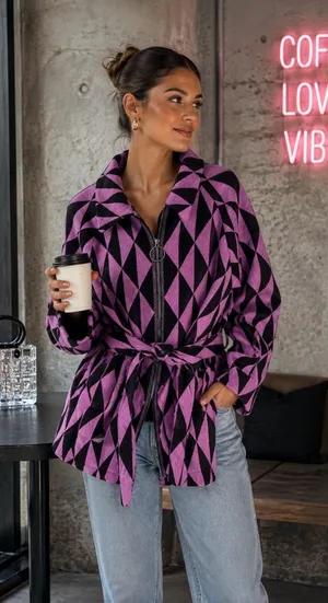 Anthropologie Beatrice B Wool Topcoat Belted Retro‎ Geometric Print Sz XS thumbnail 1