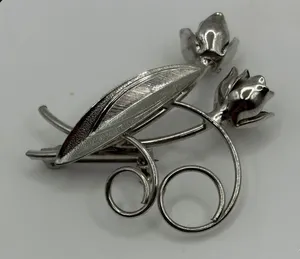 Tulip Flower Brooch Women Silver Tone Textured Leaf Floral Pin‎ thumbnail 1