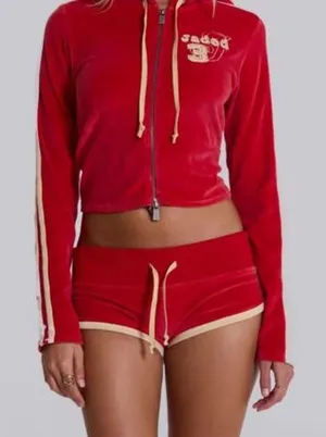 Jaded London vintage red with cream velour tracksuit mini shorts. Size 2 thumbnail 1