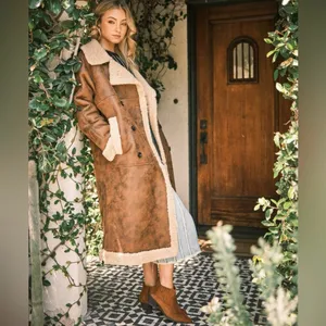 Faux leather teddy shearling long coat in chestnut thumbnail 9