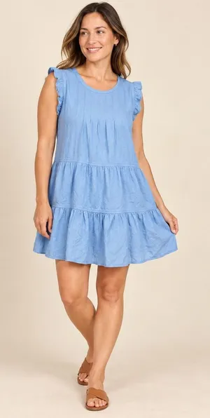 New In Blue Linen Blend Ruffle Sleeve Tiered Mini Dress ND30062 Womens Medium thumbnail 1