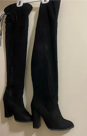 X2B Womens Size 6.5 6 1/2 Black Faux Suede 25” Tall Boots 3.75” Chunky Heel Ties thumbnail 1