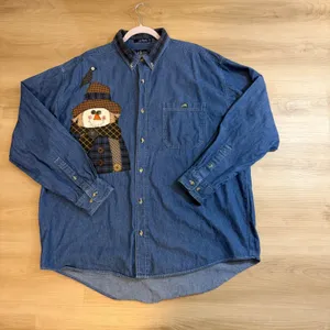 Luna Pier Button Up Denim XL Blue Scarecrow Patchwork Blue Shirt Novelty Fall thumbnail 9