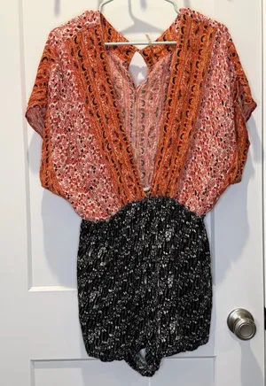 Free People Romper Womens M Orange Black Arizona Wide Plunge Floral Boho Rayon thumbnail 1