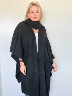 Free People Black Open-Front Knit Poncho with Pockets and Scarf ONE SIZE thumbnail 3