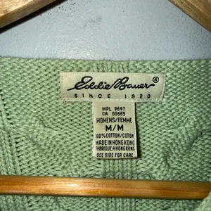 vintage eddie bauer Green‎ V Neck Cable Knit Cotton Sweater Medium thumbnail 3