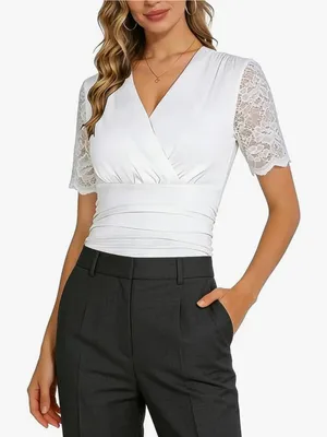 Floral Lace Short Sleeve V Neck Ruched Slim Fit Stretch Blouse Sz Small NWOT thumbnail 3