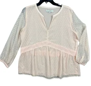 LOFT Women Sz Medium Pale‎ Pink Clip Dot V-Neck Peplum Blouse Sheer Long Sleeve thumbnail 1