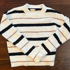 Altar'd State Black, White, and Tan Striped Crew Neck Sweater thumbnail 1