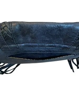 Lucky Brand Vintage Fossil Blue Leather Mini Bag Tassle Fringe Trim Y2K Boho Hippie Indie thumbnail 5