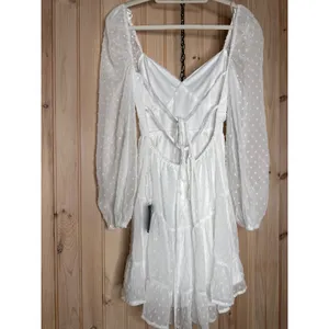 NWT Lulus Longing And Love White Swiss Dot Puff Long Sleeve Mini Dress Wedding L thumbnail 6