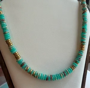 Turquoise and gold natural beaded necklace thumbnail 1