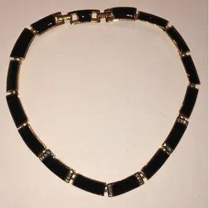 Elegant Vintage Black Enamel and Gold Tone Rhinestone Retro Necklace thumbnail 1