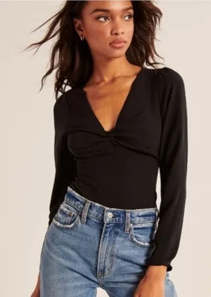 Abercrombie & Fitch Womens Black Twist Front V-Neck Long Sleeve Smocked Blouse L thumbnail 1
