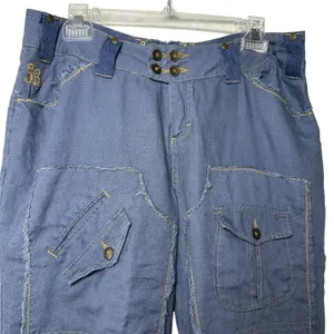 Y2K Linen Cargo Capri Blue Utility Boho Cropped Pants Sz L Button‎ Fly Wide Leg thumbnail 4
