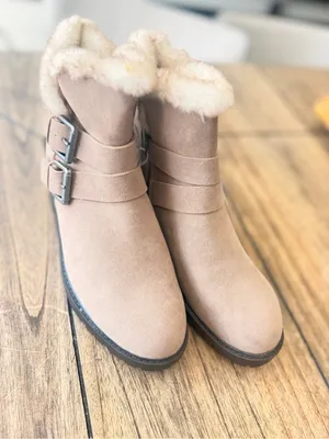Universal Thread tan faux-suede double-buckle moto ankle boots feature a plush thumbnail 12