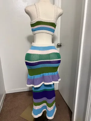 SheIn striped net crop top and skirt set in blue, pink and green thumbnail 2