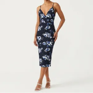 Windsor Navy Blue Floral Midi Dress V-Neck Bodycon Tulip Hem Coquette Dreamcore thumbnail 2