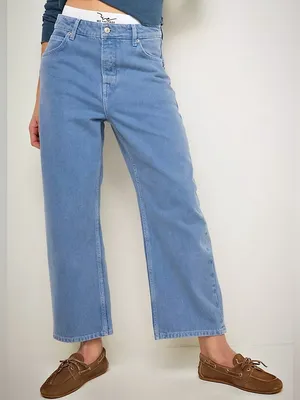 Free People We The Free Deep Trance Dropped Barrel Jeans Size 27 Ocean Blue Wash thumbnail 4