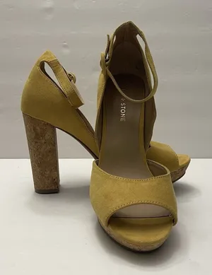 Sun +‎ Stone Reeta Sandals Yellow Suede Cork Platform Block Heel Womens 8.5W thumbnail 1