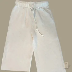 Cream Ribbed Wide-Leg Lounge Pants XS | High-Rise Drawstring Waist thumbnail 3
