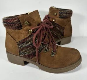 Mossimo Supply Co. Women's Lace Up Ankle Boots Brown Suede Knit Trim Size 8.5 thumbnail 1