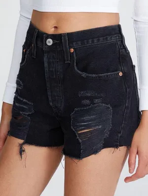 LEVI’S 501 Black Distressed Rip Raw Hem Denim Shorts Size 25 thumbnail 1