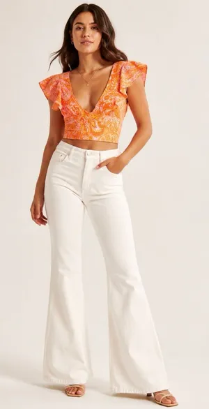 Zara Small Orange Pink Paisley Knit Crop Top Deep V Neck Cap Sleeve Ruffle Neck thumbnail 1