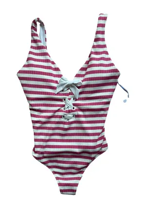 Southern Tide Very Berry Pink Stripe Lace Front One Piece Swimsuit M NWT thumbnail 1