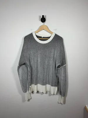 Oversized Ribbed Sweater Women Contrast Hem Crewneck Relaxed Knit Size M thumbnail 2