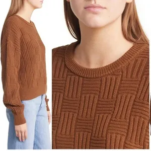 Reformation Winnie Brown Basketweave Organic Cotton Crewneck Sweater Size XL thumbnail 3