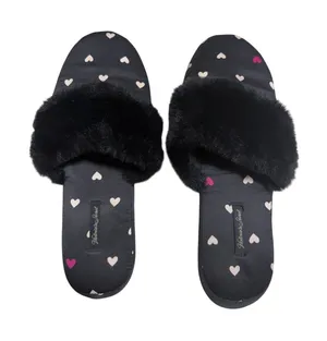 Victoria's Secret Satin Slippers House Shoes Hearts Fuzzy Black Size Large thumbnail 1
