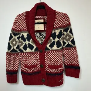 Hollister Nordic Fair Isle Shawl Collar Cardigan Red Cream Knit Sweater Small thumbnail 1