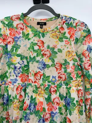AFRM Floral Mesh Tiered Mini Dress‎ Small Long Sleeve Babydoll Multicolor thumbnail 5