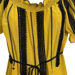ANTHROPOLOGIE‎ FLOREAT Inky Quills Mustard Yellow Embroidered Silk Mini Dress 0 thumbnail 4