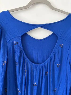 Free People Oxford Embroidered Cobalt Blue Long Sleeve Baby Doll Boho Dress M thumbnail 6