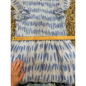 J Marie Dress Abstract Polka‎ Dot White Blue Smocked Size Large Flutter Sleeve thumbnail 9