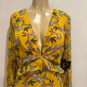 New Lulus Maxi Dress Sz M Thrive Together Yellow Floral Long Sleeves NWT thumbnail 2