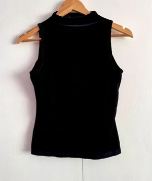 Black Sleeveless Velour Top, Large thumbnail 1