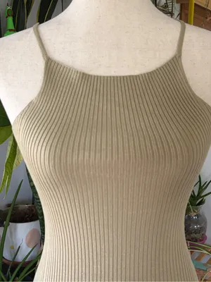 Zara Tan Ribbed Knit High Neck Halter Tank Top Small 90s Minimalist Y2K Cami thumbnail 2